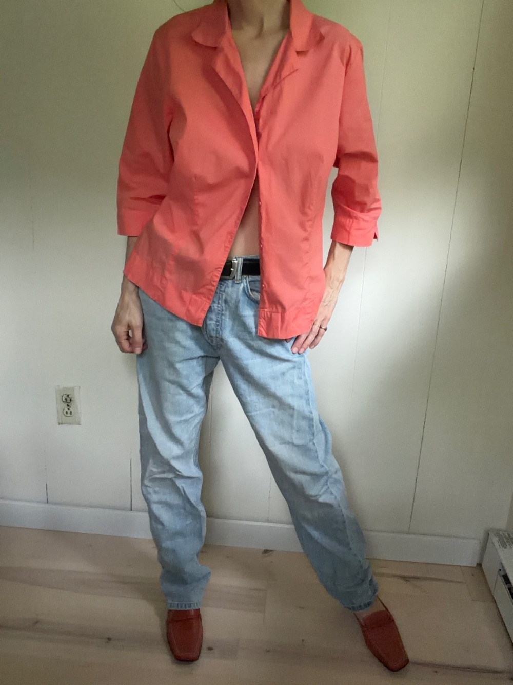 vintage 100% cotton orange shirt with cropped sleeves 90s minimalist preppy